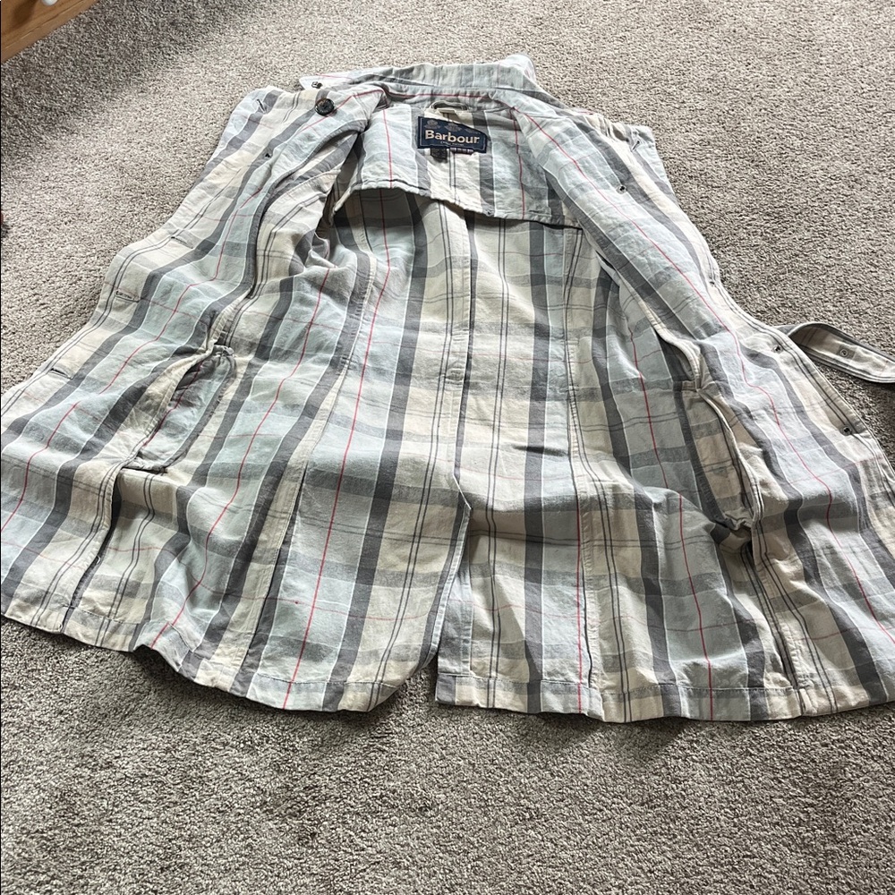 Classic Barbour Pastel Plaid sz4 Cotton Linen Tortoiseshell Hardware Trench EUC - Picture 12 of 16